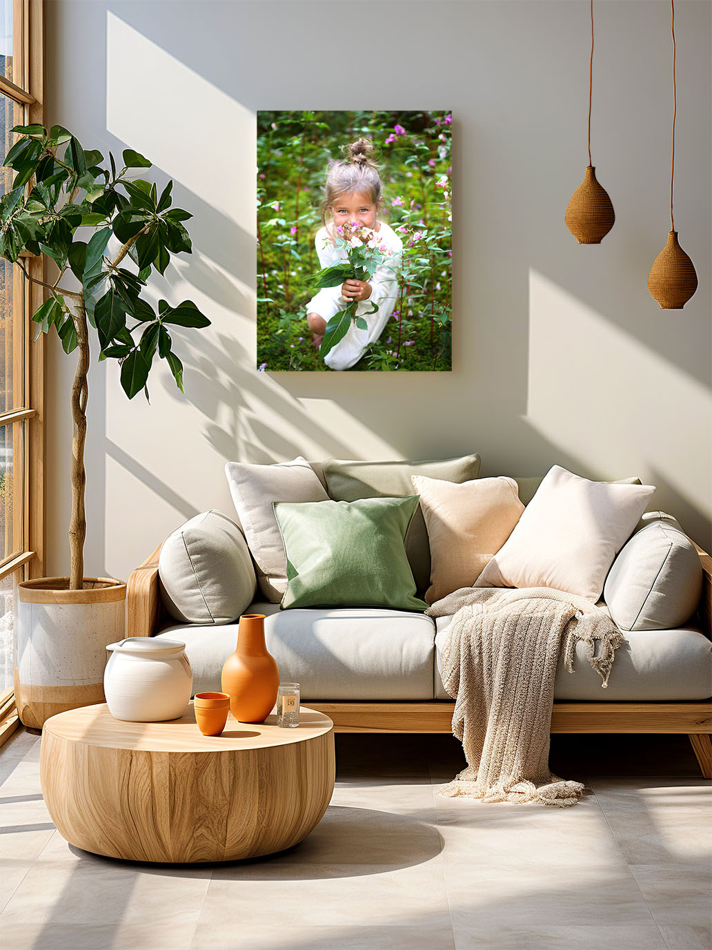 Ein modernes Wohzimmer. Über dem Sofa hängt ein wunderschönes, großes Wandbild von einem Mädchen im Wald mit einem Blumenstrauß in der Hand