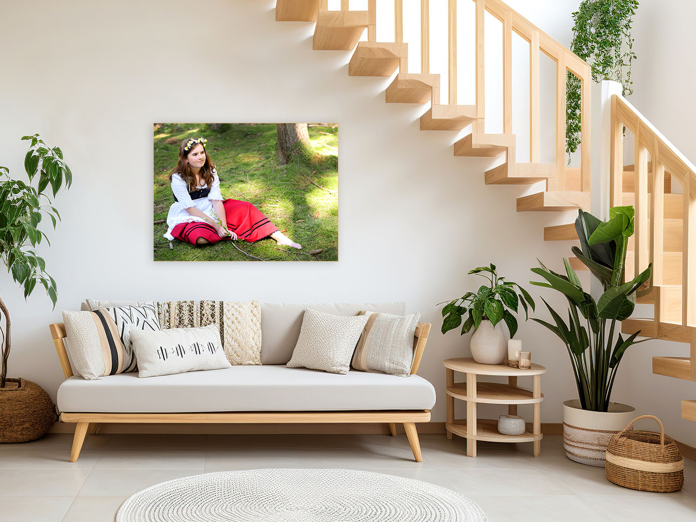 Ein modernes Wohzimmer. Über dem Sofa hängt ein wunderschönes, großes Wandbild von einem Mädchen mit Blumenkranz im Haar, was im Wald neben einem Baum sitzt